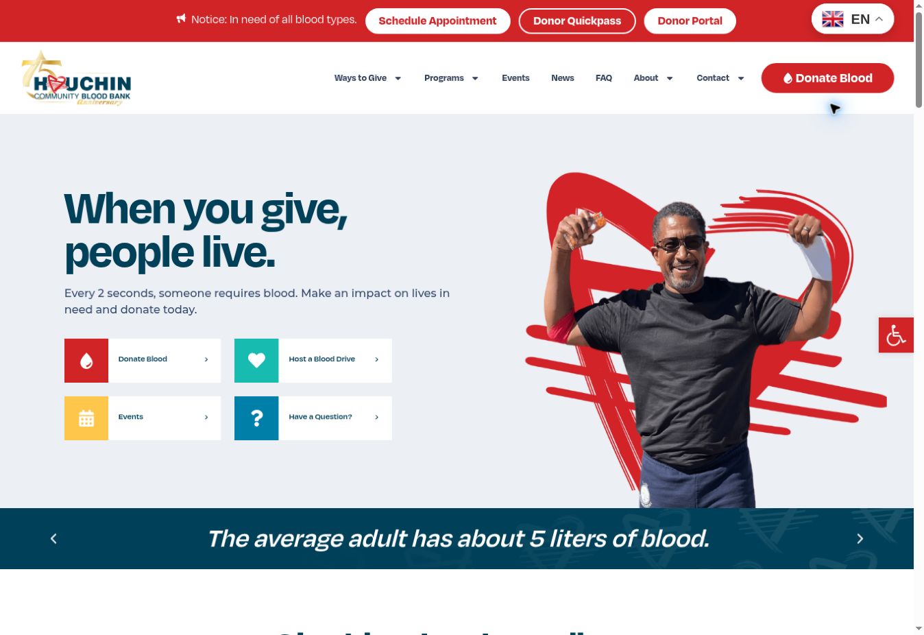 Houchin Community Blood Bank homepage with its donation message and calls to action